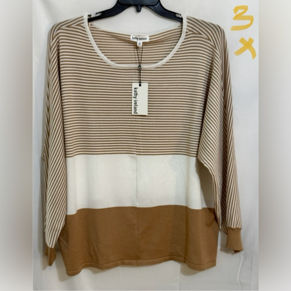 Kathy Ireland Tan and Cream 3/4 Sleeve Boxy Blouse